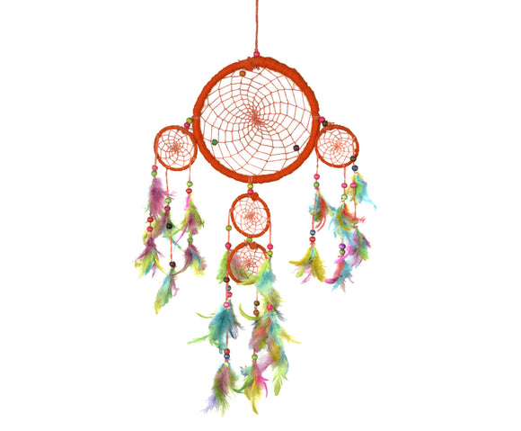 Orange Dream Catcher With Multicolored Feather.