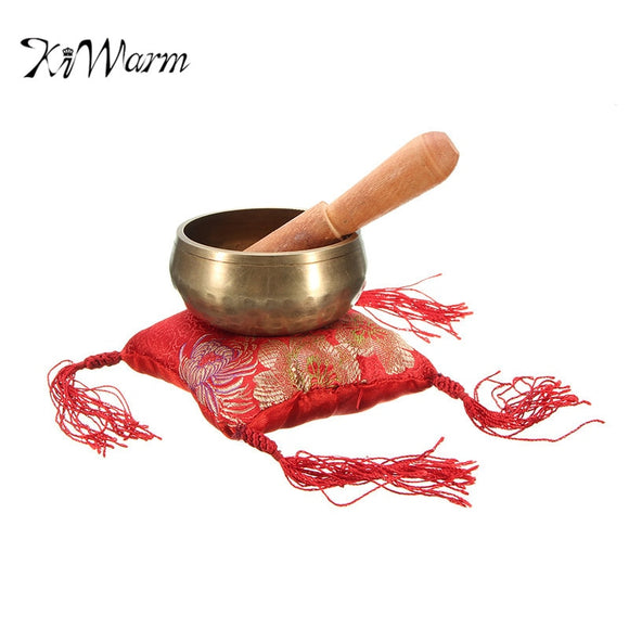 KiWarm Chinese Hand Hammered Singing Bowl+Wood Sticker+Mat For Chakra Tibetan Prayer Meditation Yoga Ornament