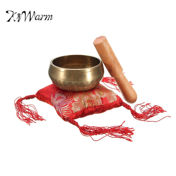 KiWarm Vintage Chinese Hand Hammered Singing Bowl+Wood Sticker+Mat For Chakra Tibetan Prayer Meditation Yoga Ornament